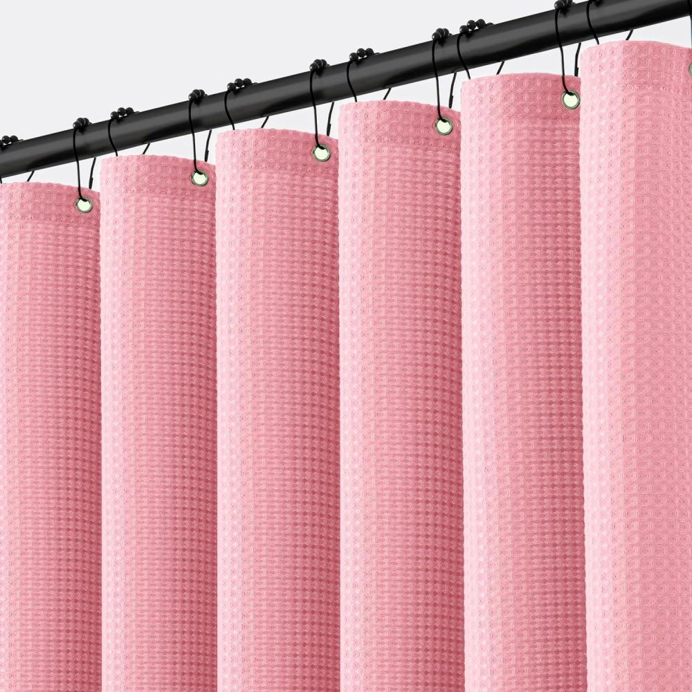 imageMIULEE Extra Long Waffle Weave Shower Bath Curtain 84 Inch Long with 12 Metal Hooks Modern Washable 260GSM Heavy Fabric Waterproof Thick Cloth Shower Curtains Set for Bathroom Bathtub WhiteBlush Pink