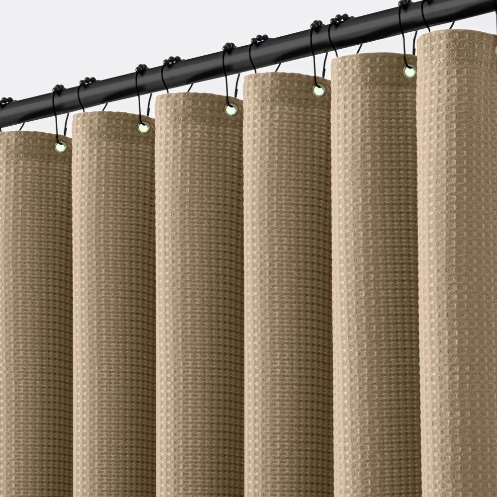 imageMIULEE Extra Long Waffle Weave Shower Bath Curtain 84 Inch Long with 12 Metal Hooks Modern Washable 260GSM Heavy Fabric Waterproof Thick Cloth Shower Curtains Set for Bathroom Bathtub WhiteKhaki
