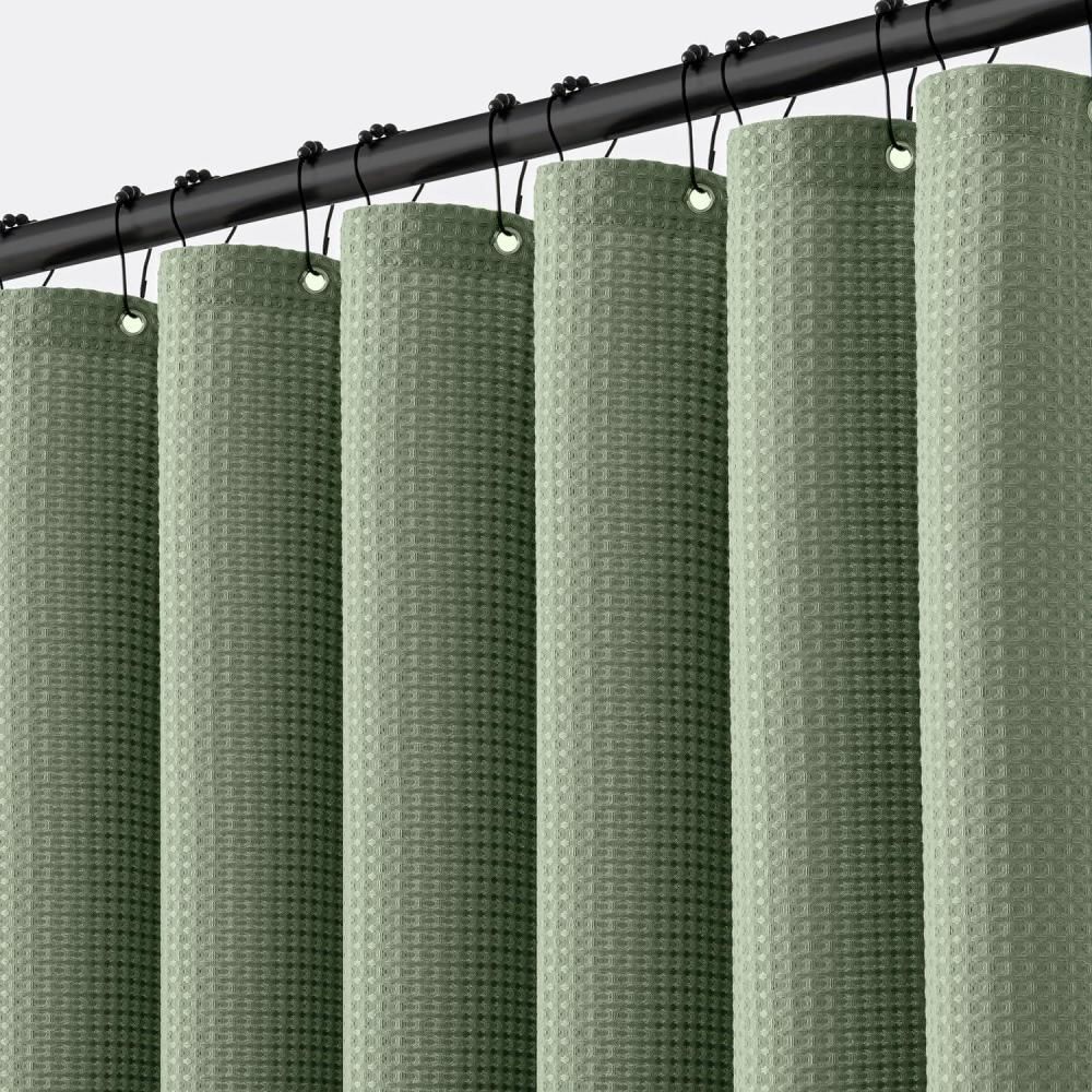 imageMIULEE Extra Long Waffle Weave Shower Bath Curtain 84 Inch Long with 12 Metal Hooks Modern Washable 260GSM Heavy Fabric Waterproof Thick Cloth Shower Curtains Set for Bathroom Bathtub WhiteSage Green