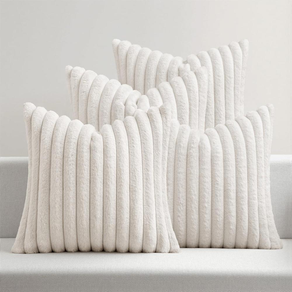 imageMIULEE Faux Fur Plush Decorative Throw Pillow Covers 18x18 Set of 4 Boho Farmhouse Soft Fuzzy Striped Cushion Covers for Sofa Couch Bed Living Room Vintage Rustic Home DecorGrey TaupePure White