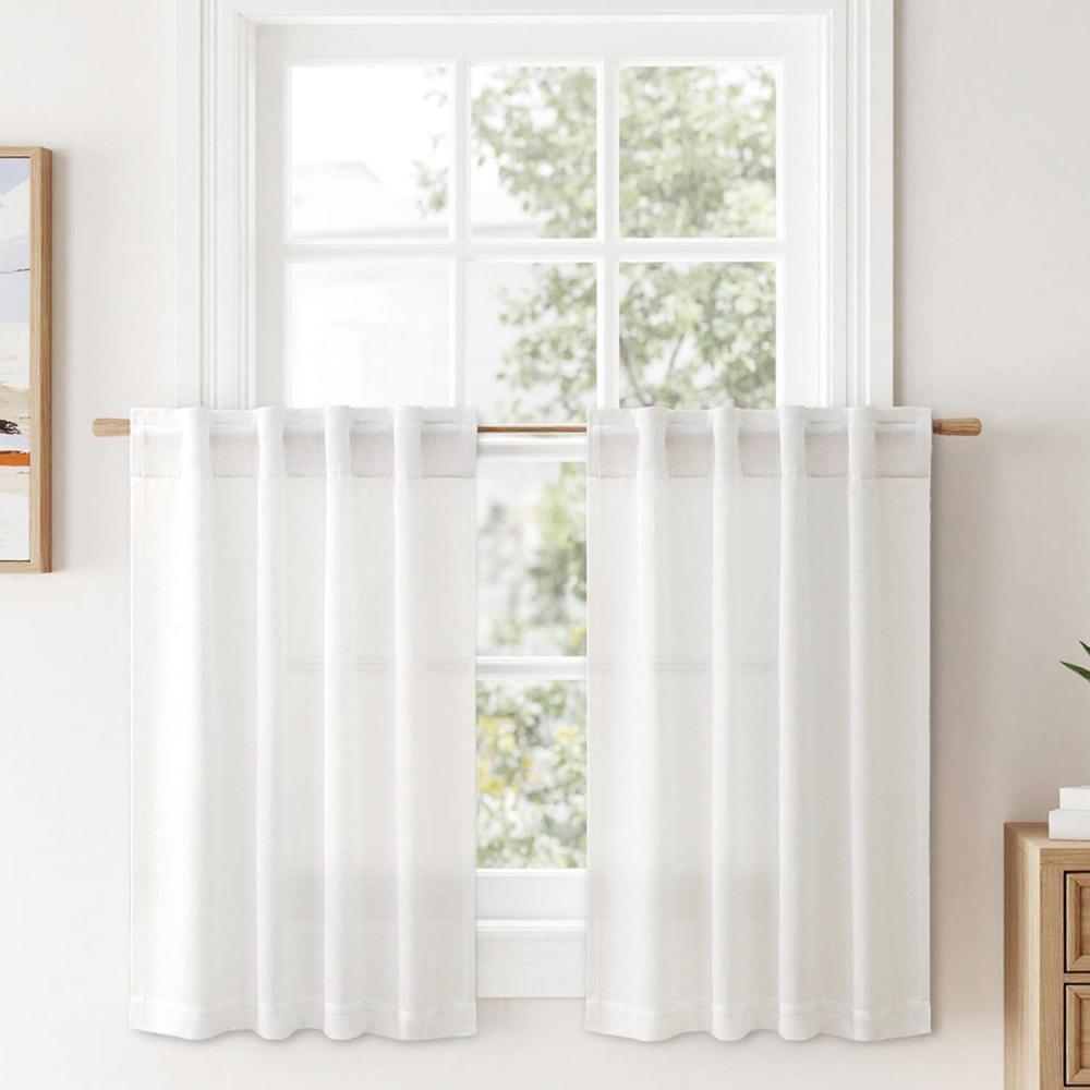 imageMIULEE Faux Linen Curtains 84 Inch Length 2 Panels Natural Burnt Orange Semi Sheer Curtain with Back Tab Rod Pocket Light Filtering Window Privacy Burlap Drapes for Living Room Bedroom 42W x 84LHeathered White
