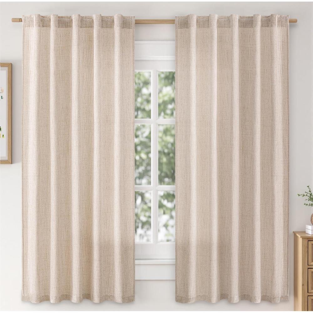 imageMIULEE Faux Linen Curtains 84 Inch Length 2 Panels Natural Burnt Orange Semi Sheer Curtain with Back Tab Rod Pocket Light Filtering Window Privacy Burlap Drapes for Living Room Bedroom 42W x 84LIvory