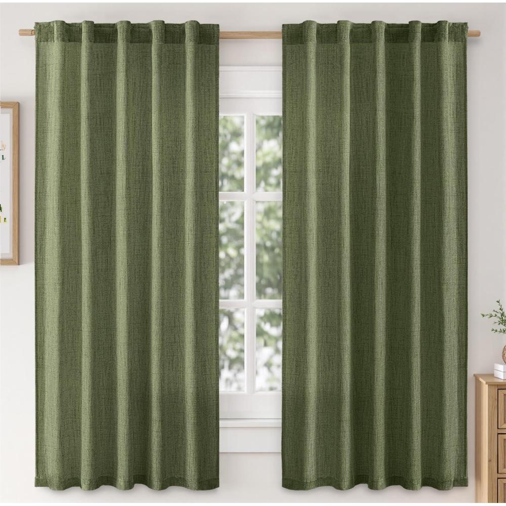 imageMIULEE Faux Linen Curtains 84 Inch Length 2 Panels Natural Burnt Orange Semi Sheer Curtain with Back Tab Rod Pocket Light Filtering Window Privacy Burlap Drapes for Living Room Bedroom 42W x 84LOlive Green