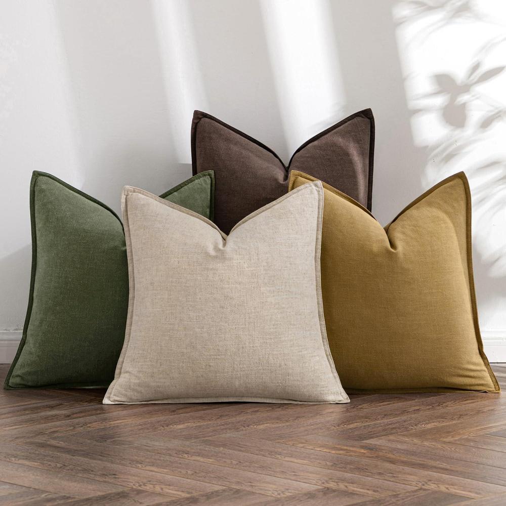 imageMIULEE Green and White Pillow Covers Pack of 4 Christmas Decorative Natural Solid Throw Pillow Covers Soft Accent Boho Farmhouse Couch Pillowcases Modern Decor for Living Room Bed Sofa 18x18 InchNeutral GreenBrown