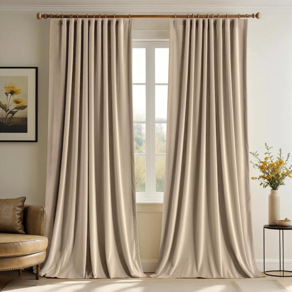 imageMIULEE Hot Pink Velvet Curtains 84 inches 2 Panels Luxury Room Darkening Window Drapes for Bedroom Living Room Thermal Insulated Super Soft Blackout Back Tab Rod Pocket Pinch Pleated W52 x L84Camel Beige