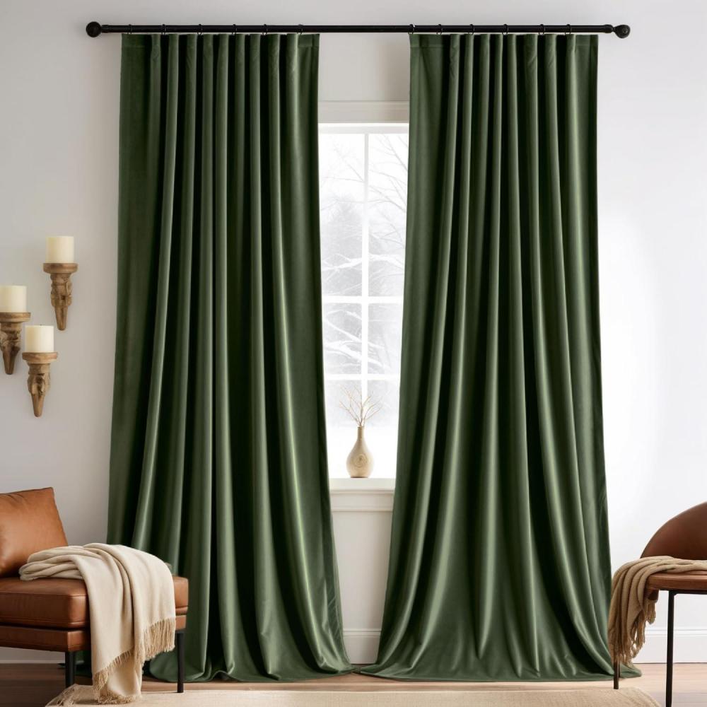 imageMIULEE Hot Pink Velvet Curtains 84 inches 2 Panels Luxury Room Darkening Window Drapes for Bedroom Living Room Thermal Insulated Super Soft Blackout Back Tab Rod Pocket Pinch Pleated W52 x L84Olive Green