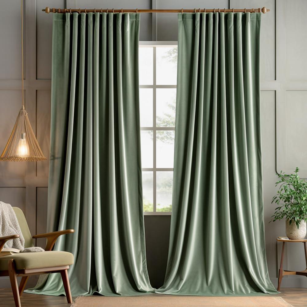 imageMIULEE Hot Pink Velvet Curtains 84 inches 2 Panels Luxury Room Darkening Window Drapes for Bedroom Living Room Thermal Insulated Super Soft Blackout Back Tab Rod Pocket Pinch Pleated W52 x L84Sage Green