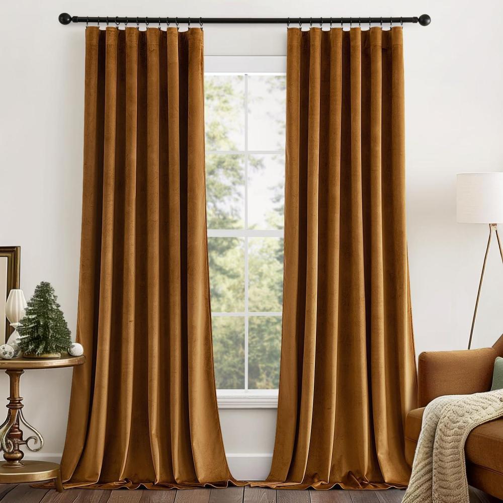 imageMIULEE Hot Pink Velvet Curtains 84 inches 2 Panels Luxury Room Darkening Window Drapes for Bedroom Living Room Thermal Insulated Super Soft Blackout Back Tab Rod Pocket Pinch Pleated W52 x L84Golden Brown