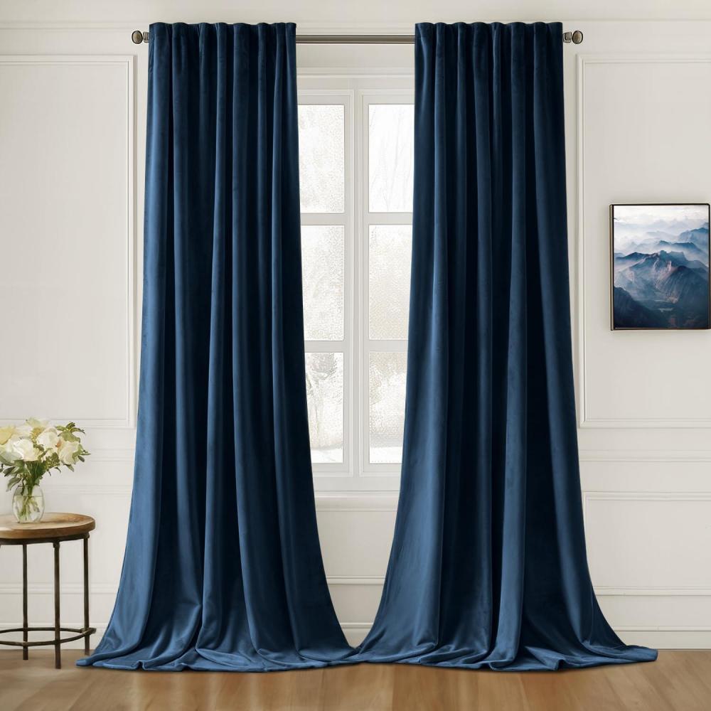 imageMIULEE Hot Pink Velvet Curtains 84 inches 2 Panels Luxury Room Darkening Window Drapes for Bedroom Living Room Thermal Insulated Super Soft Blackout Back Tab Rod Pocket Pinch Pleated W52 x L84Navy Blue