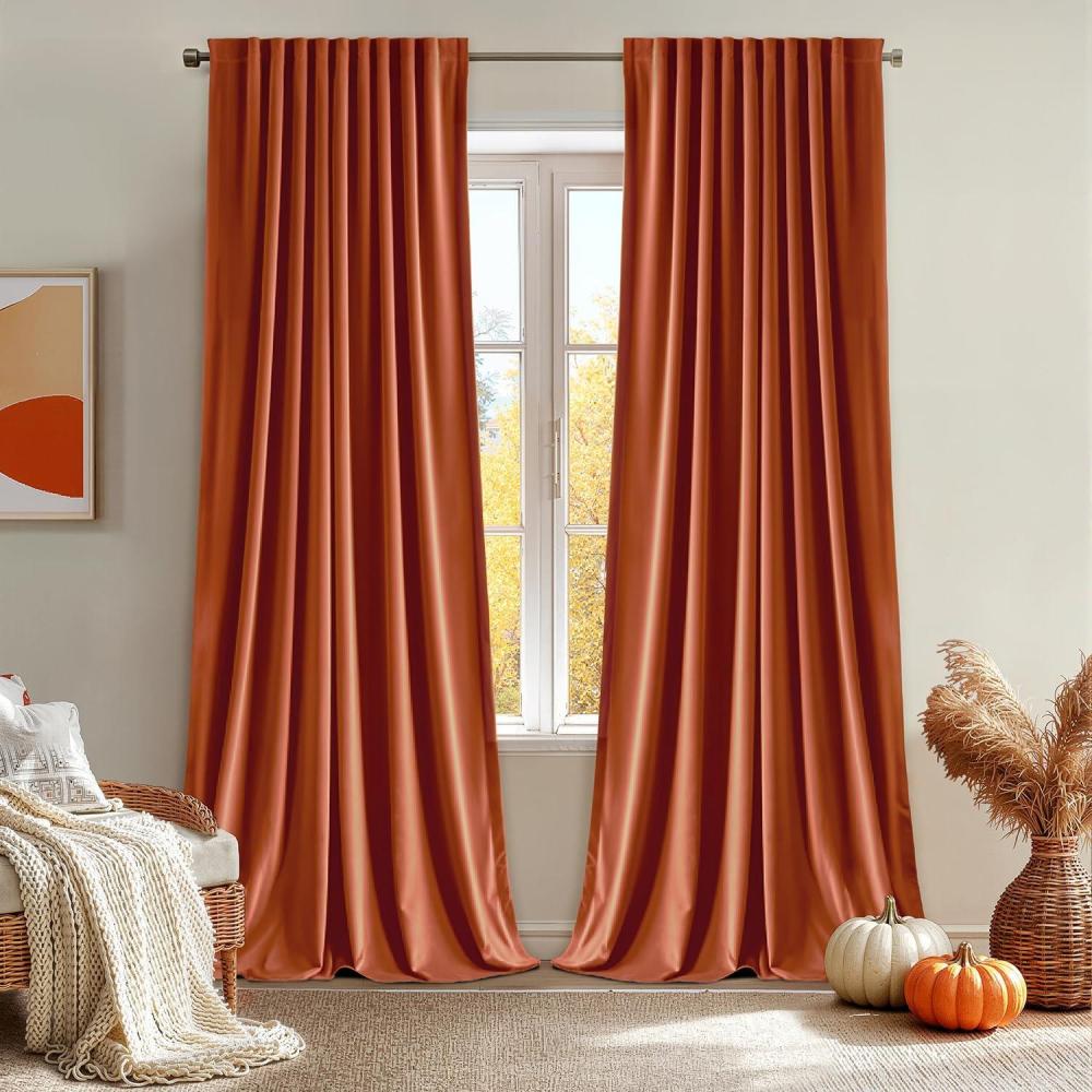 imageMIULEE Hot Pink Velvet Curtains 84 inches 2 Panels Luxury Room Darkening Window Drapes for Bedroom Living Room Thermal Insulated Super Soft Blackout Back Tab Rod Pocket Pinch Pleated W52 x L84Burnt Orange