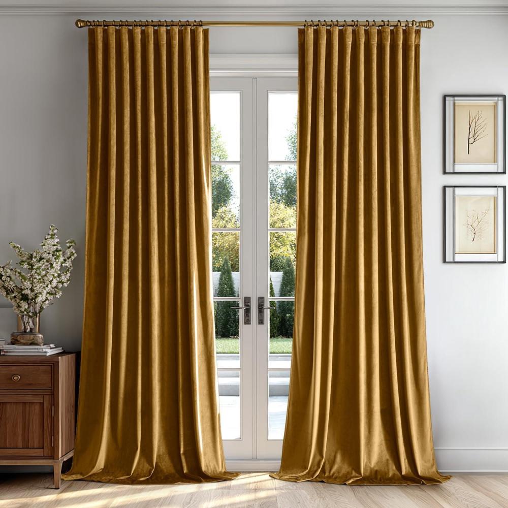 imageMIULEE Hot Pink Velvet Curtains 84 inches 2 Panels Luxury Room Darkening Window Drapes for Bedroom Living Room Thermal Insulated Super Soft Blackout Back Tab Rod Pocket Pinch Pleated W52 x L84Gold