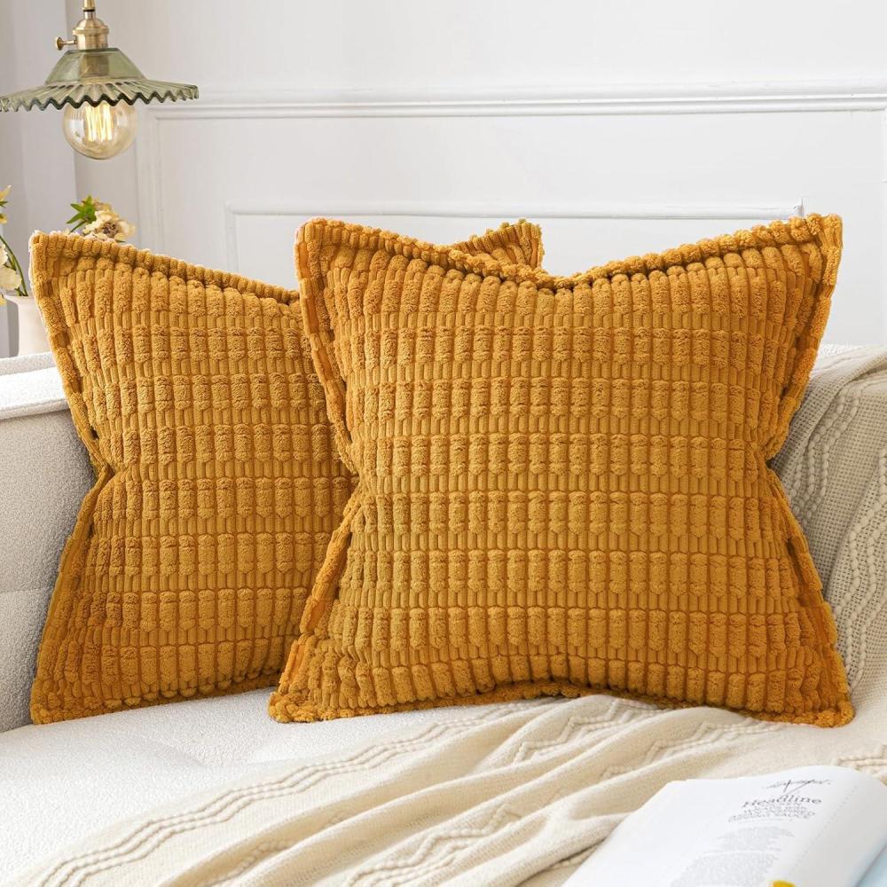 imageMIULEE Light Grey Corduroy Decorative Throw Pillow Covers Pack of 2 Soft Striped Pillows Pillowcases with Broad Edge Winter Modern Boho Home Decor for Couch Sofa Bed 18x18 InchGold Yellow