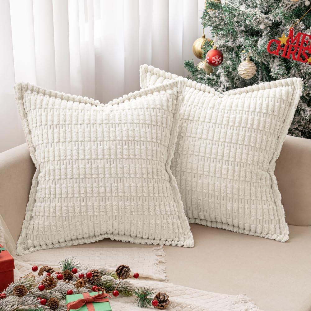 imageMIULEE Light Grey Corduroy Decorative Throw Pillow Covers Pack of 2 Soft Striped Pillows Pillowcases with Broad Edge Winter Modern Boho Home Decor for Couch Sofa Bed 18x18 InchPure White