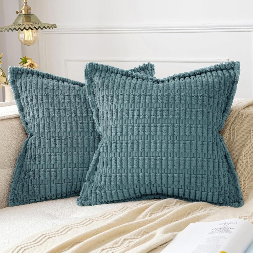 imageMIULEE Light Grey Corduroy Decorative Throw Pillow Covers Pack of 2 Soft Striped Pillows Pillowcases with Broad Edge Winter Modern Boho Home Decor for Couch Sofa Bed 18x18 InchBlue Gray