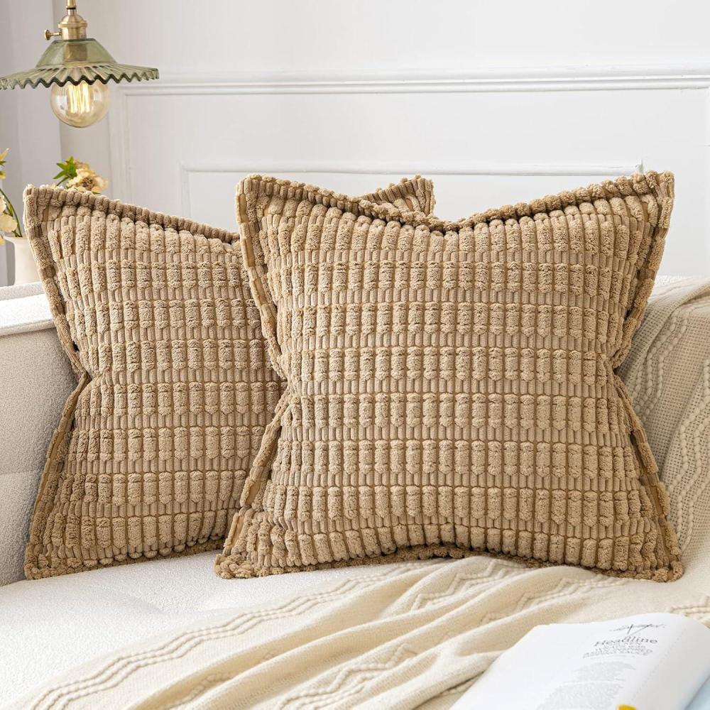 imageMIULEE Light Grey Corduroy Decorative Throw Pillow Covers Pack of 2 Soft Striped Pillows Pillowcases with Broad Edge Winter Modern Boho Home Decor for Couch Sofa Bed 18x18 InchKhaki