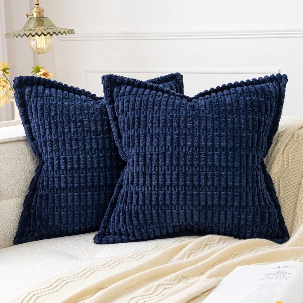 imageMIULEE Light Grey Corduroy Decorative Throw Pillow Covers Pack of 2 Soft Striped Pillows Pillowcases with Broad Edge Winter Modern Boho Home Decor for Couch Sofa Bed 18x18 InchDark Blue