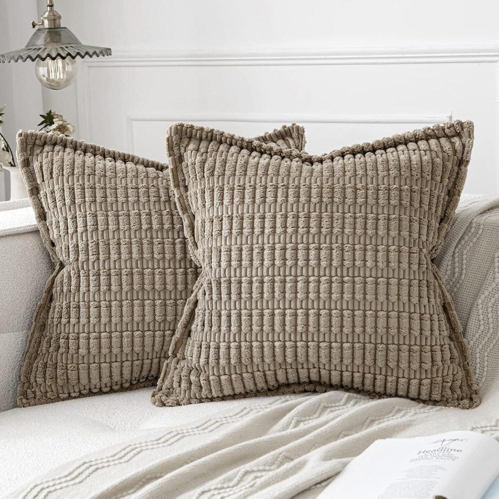 imageMIULEE Light Grey Corduroy Decorative Throw Pillow Covers Pack of 2 Soft Striped Pillows Pillowcases with Broad Edge Winter Modern Boho Home Decor for Couch Sofa Bed 18x18 InchLight Brown
