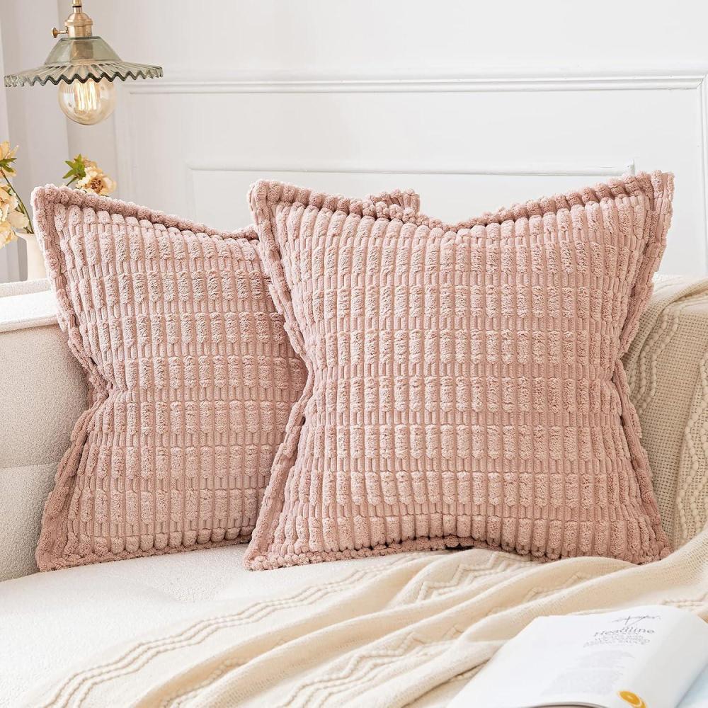 imageMIULEE Light Grey Corduroy Decorative Throw Pillow Covers Pack of 2 Soft Striped Pillows Pillowcases with Broad Edge Winter Modern Boho Home Decor for Couch Sofa Bed 18x18 InchPink