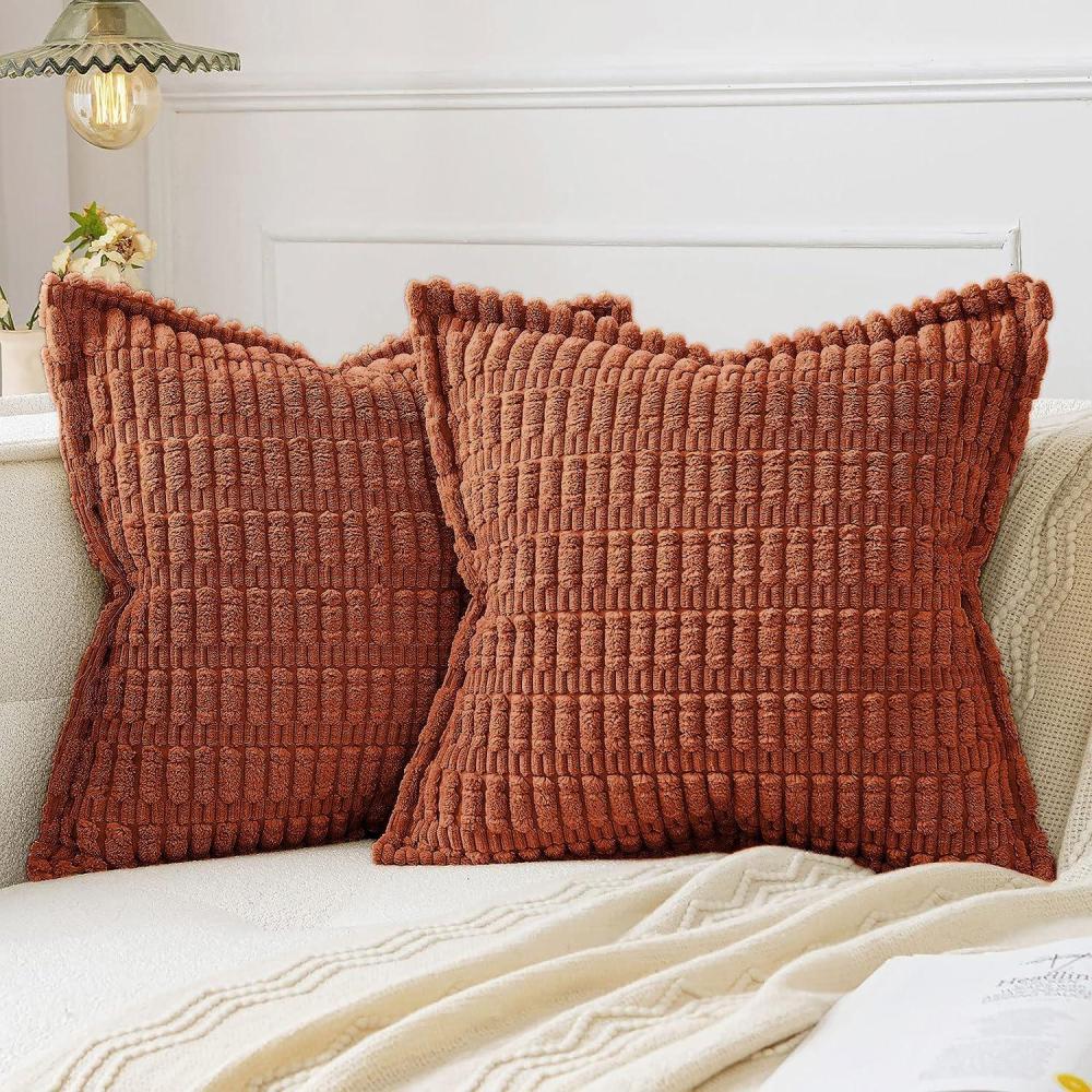 imageMIULEE Light Grey Corduroy Decorative Throw Pillow Covers Pack of 2 Soft Striped Pillows Pillowcases with Broad Edge Winter Modern Boho Home Decor for Couch Sofa Bed 18x18 InchRust