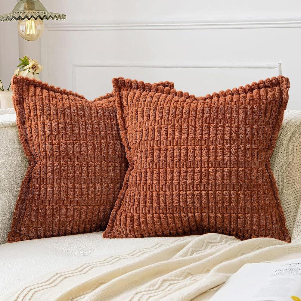 imageMIULEE Light Grey Corduroy Decorative Throw Pillow Covers Pack of 2 Soft Striped Pillows Pillowcases with Broad Edge Winter Modern Boho Home Decor for Couch Sofa Bed 18x18 InchDark Rust