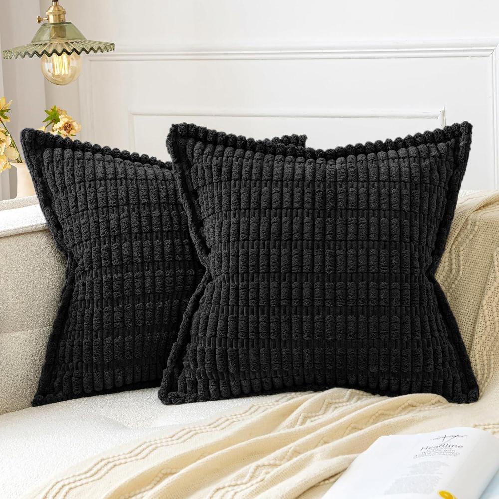imageMIULEE Light Grey Corduroy Decorative Throw Pillow Covers Pack of 2 Soft Striped Pillows Pillowcases with Broad Edge Winter Modern Boho Home Decor for Couch Sofa Bed 18x18 InchBlack