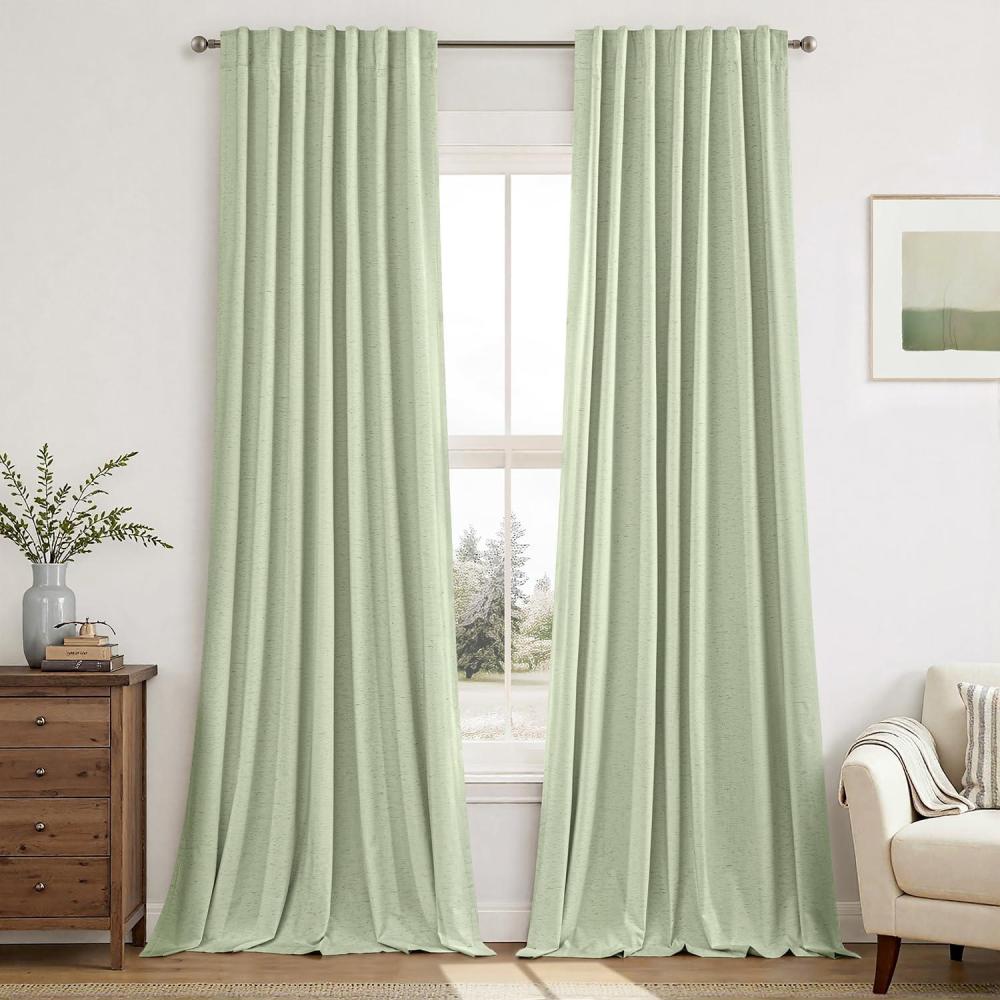 imageMIULEE Linen 100 Blackout Curtains 90 Inch Long 2 Panels Back Tab Pleated Hook Belt Clip Rings Thermal Insulated Drapes for Bedroom Living Room Ivory Natural Farmhouse Black Out Window CurtainsSage Green