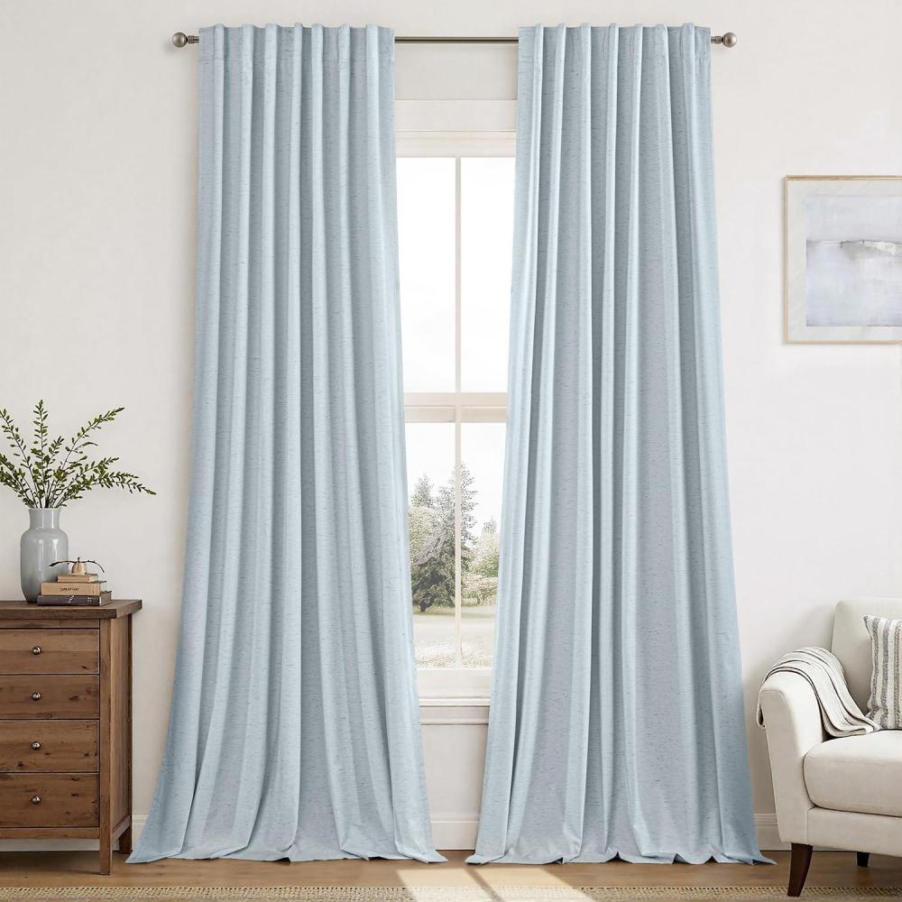 imageMIULEE Linen 100 Blackout Curtains 90 Inch Long 2 Panels Back Tab Pleated Hook Belt Clip Rings Thermal Insulated Drapes for Bedroom Living Room Ivory Natural Farmhouse Black Out Window CurtainsLight Blue