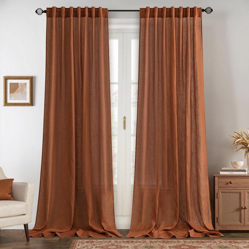 imageMIULEE Linen Curtains 96 Inch Length for Living Room 2 Panels Hunter Green Back Tab Pocket Light Filtering Semi Sheer Soft Linen Emerald Dark Green Christmas Drapes Farmhouse Boho Curtain for BedroomTerracotta