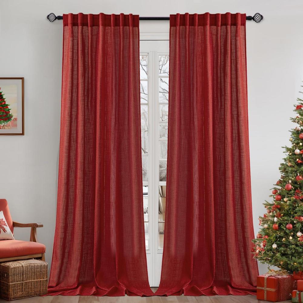 imageMIULEE Linen Curtains 96 Inch Length for Living Room 2 Panels Hunter Green Back Tab Pocket Light Filtering Semi Sheer Soft Linen Emerald Dark Green Christmas Drapes Farmhouse Boho Curtain for BedroomRed