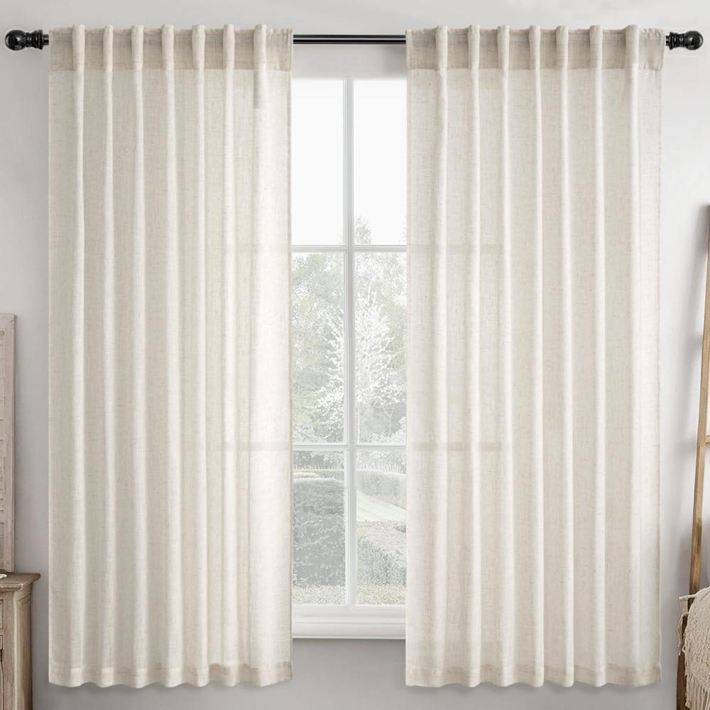 imageMIULEE Linen Curtains 96 Inch Length for Living Room 2 Panels Hunter Green Back Tab Pocket Light Filtering Semi Sheer Soft Linen Emerald Dark Green Christmas Drapes Farmhouse Boho Curtain for BedroomNatural
