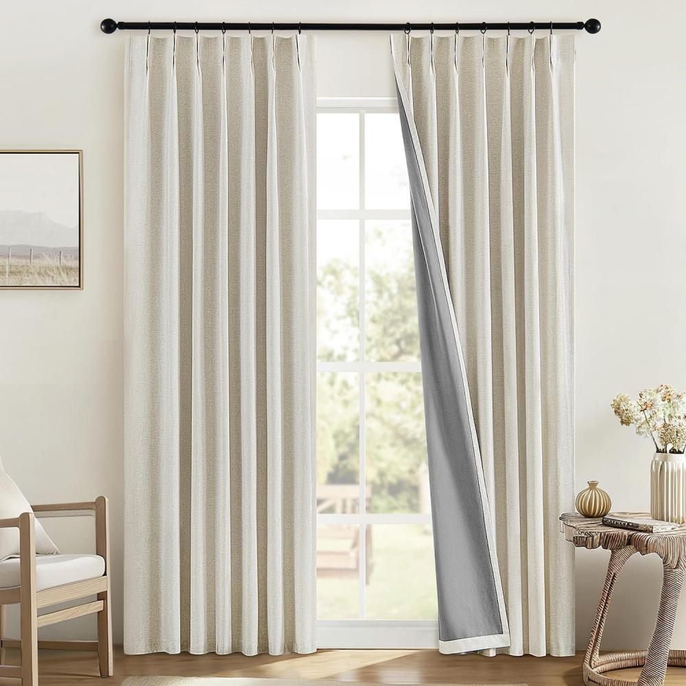 imageMIULEE Linen Pinch Pleated 100 Blackout Curtains for Bedroom 105 Inch Long 3 Panels Set Back Tab Track Beige Thermal Insulated Cream Black Out Triple Pleat Room Darkening Drapes with Hooks GreigeNatural