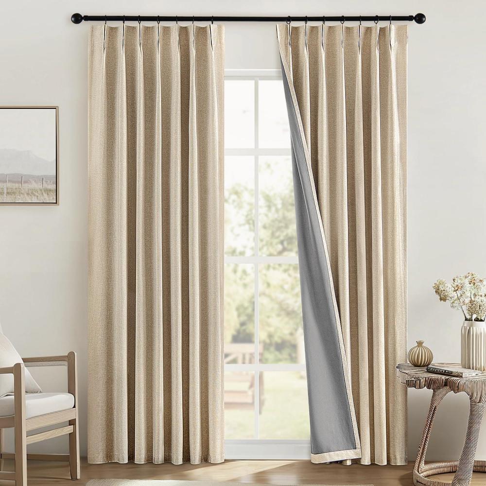 imageMIULEE Linen Pinch Pleated 100 Blackout Curtains for Bedroom 105 Inch Long 3 Panels Set Back Tab Track Beige Thermal Insulated Cream Black Out Triple Pleat Room Darkening Drapes with Hooks GreigeOatmeal