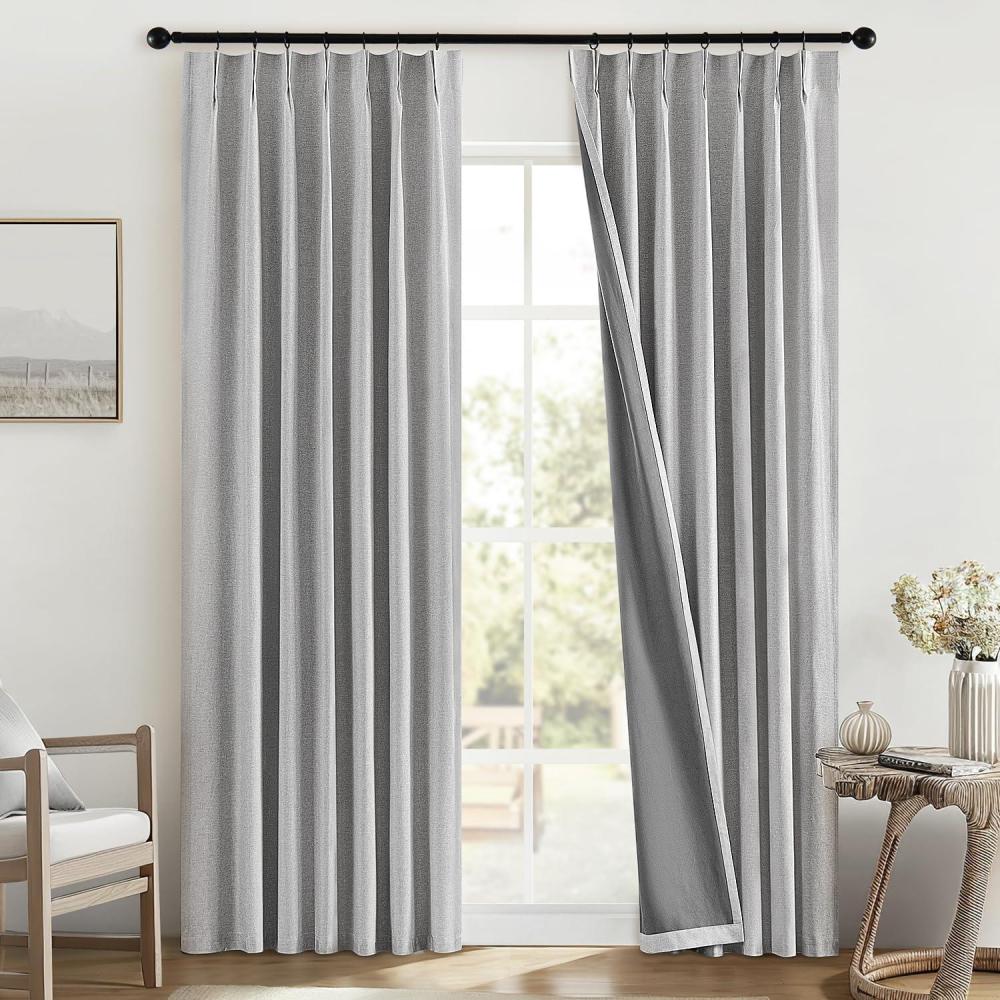 imageMIULEE Linen Pinch Pleated 100 Blackout Curtains for Bedroom 105 Inch Long 3 Panels Set Back Tab Track Beige Thermal Insulated Cream Black Out Triple Pleat Room Darkening Drapes with Hooks GreigeLight Grey