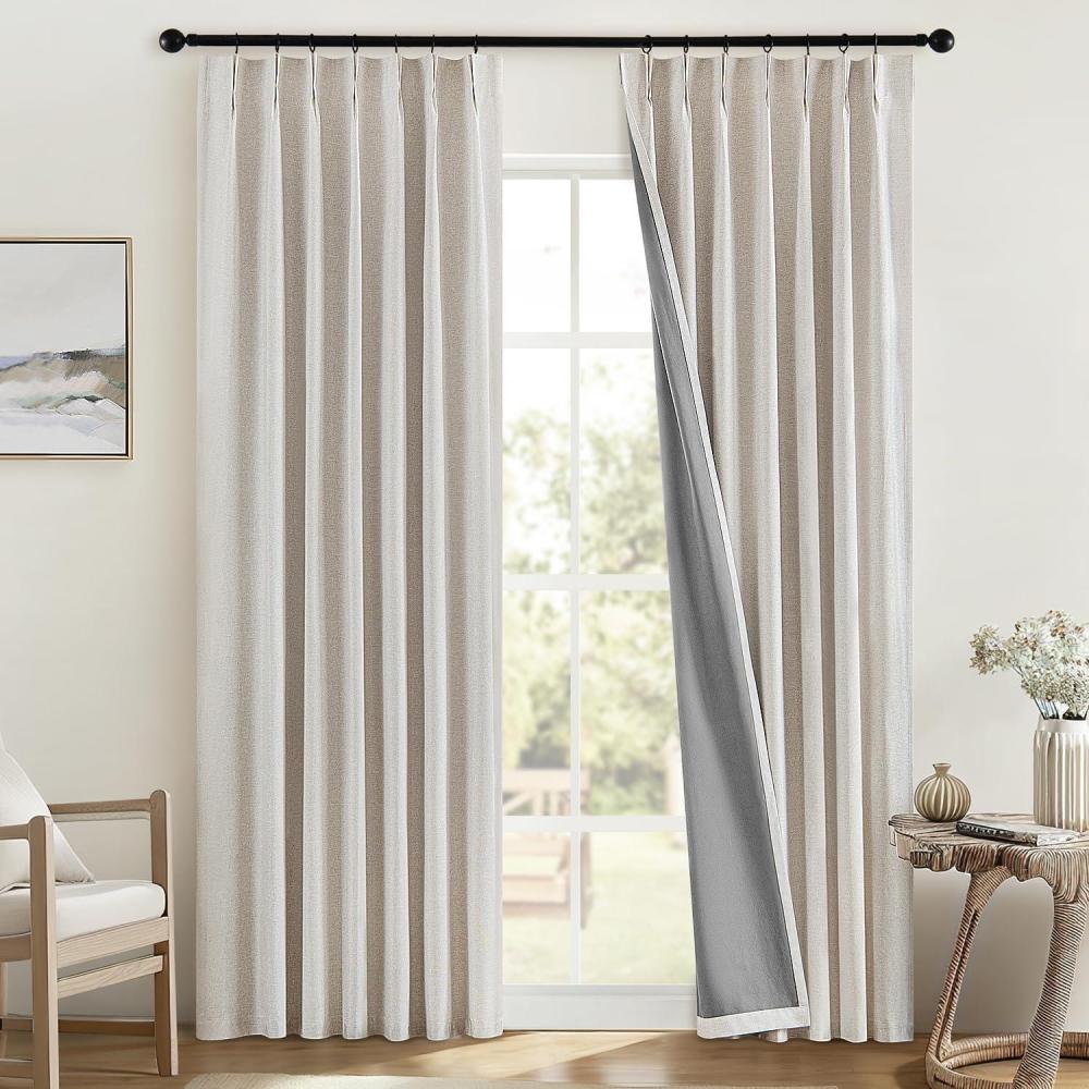 imageMIULEE Linen Pinch Pleated 100 Blackout Curtains for Bedroom 105 Inch Long 3 Panels Set Back Tab Track Beige Thermal Insulated Cream Black Out Triple Pleat Room Darkening Drapes with Hooks GreigeGreige