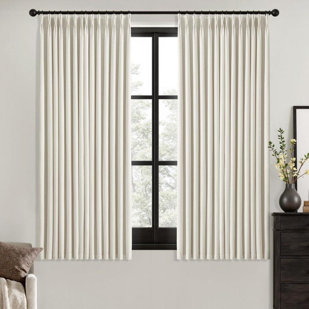imageMIULEE Natural Pinch Pleated 100 Blackout Linen Curtains 96 Inch Length 2 Panels Set Black Out Memory Trained Pleat Curtains Light Blocking Room Darkening Drapes for Bedroom Living Room WindowNatural