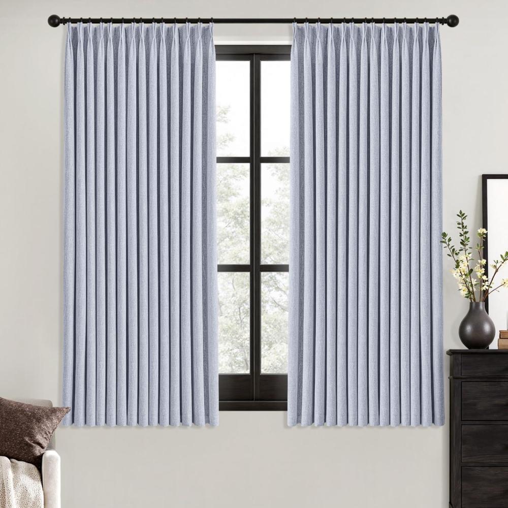 imageMIULEE Natural Pinch Pleated 100 Blackout Linen Curtains 96 Inch Length 2 Panels Set Black Out Memory Trained Pleat Curtains Light Blocking Room Darkening Drapes for Bedroom Living Room WindowChambray Blue