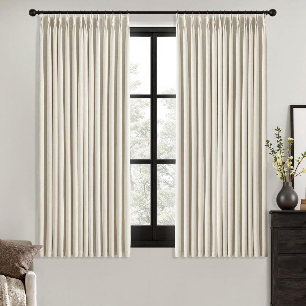 imageMIULEE Natural Pinch Pleated 100 Blackout Linen Curtains 96 Inch Length 2 Panels Set Black Out Memory Trained Pleat Curtains Light Blocking Room Darkening Drapes for Bedroom Living Room WindowLinen