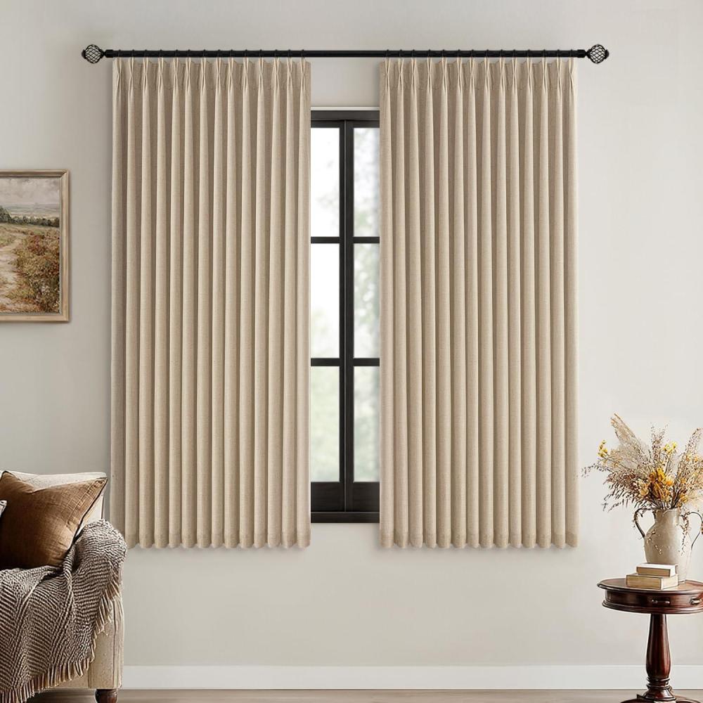 imageMIULEE Natural Pinch Pleated 100 Blackout Linen Curtains 96 Inch Length 2 Panels Set Black Out Memory Trained Pleat Curtains Light Blocking Room Darkening Drapes for Bedroom Living Room WindowTaupe