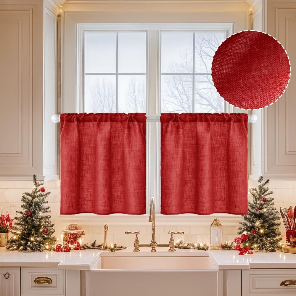imageMIULEE Natural White Linen Curtains 84 Inch Length 2 Panels Set for Living Room Bedroom Semi Sheer Light Filtering Farmhouse Rod Pocket Long Soft Thick Linen Textured Window Drapes W42XL84Red
