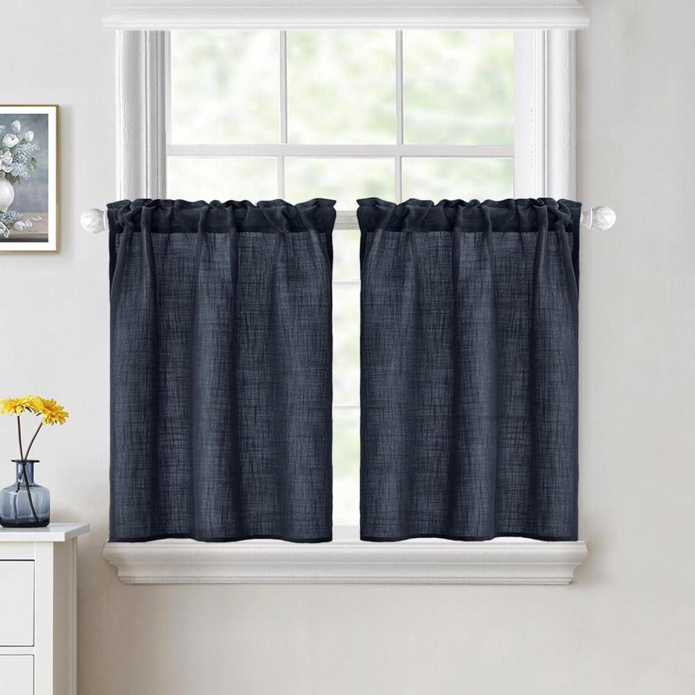 imageMIULEE Natural White Linen Curtains 84 Inch Length 2 Panels Set for Living Room Bedroom Semi Sheer Light Filtering Farmhouse Rod Pocket Long Soft Thick Linen Textured Window Drapes W42XL84Navy Blue