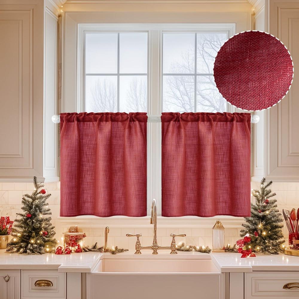 imageMIULEE Natural White Linen Curtains 84 Inch Length 2 Panels Set for Living Room Bedroom Semi Sheer Light Filtering Farmhouse Rod Pocket Long Soft Thick Linen Textured Window Drapes W42XL84Burgundy Red