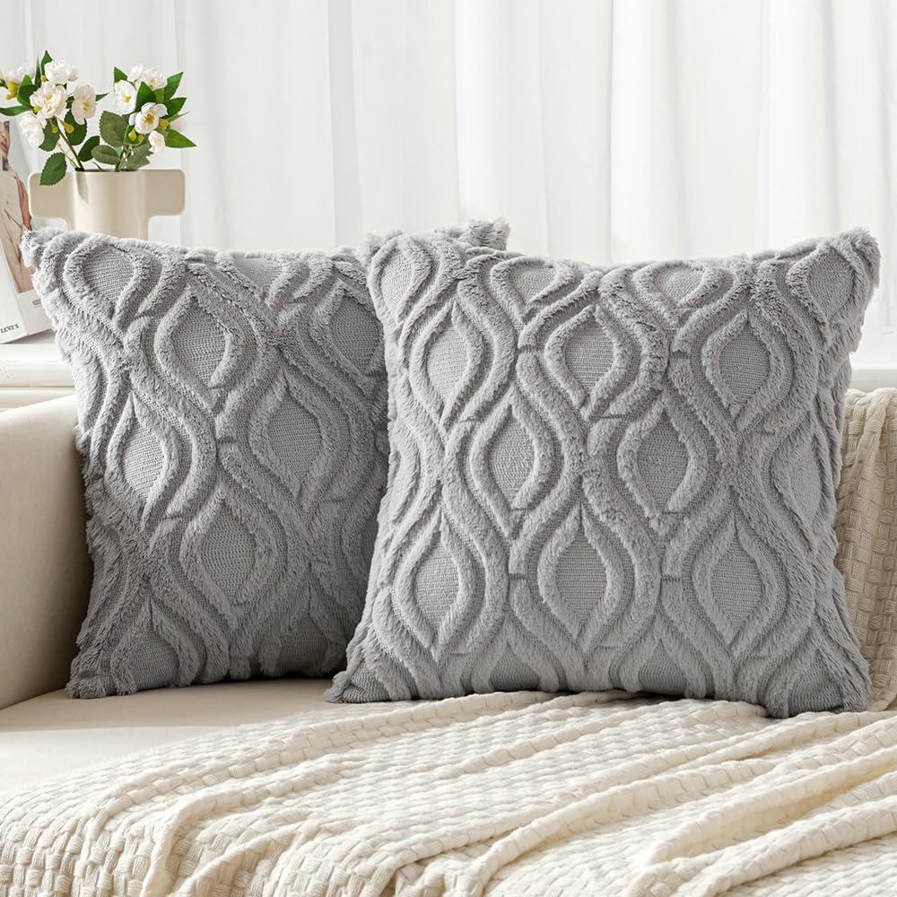 imageMIULEE Navy Blue Throw Pillow Covers 20x20 Inch Soft Winter Plush Faux Wool Couch Pillow Covers Set of 2 Decorative Farmhouse Boho Throw Pillows for Sofa Living Room BedLight Grey