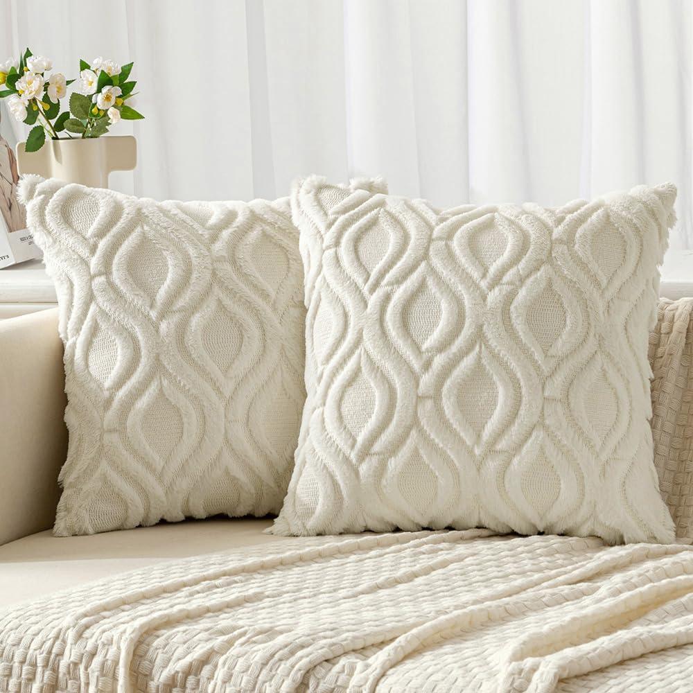 imageMIULEE Navy Blue Throw Pillow Covers 20x20 Inch Soft Winter Plush Faux Wool Couch Pillow Covers Set of 2 Decorative Farmhouse Boho Throw Pillows for Sofa Living Room BedCream White