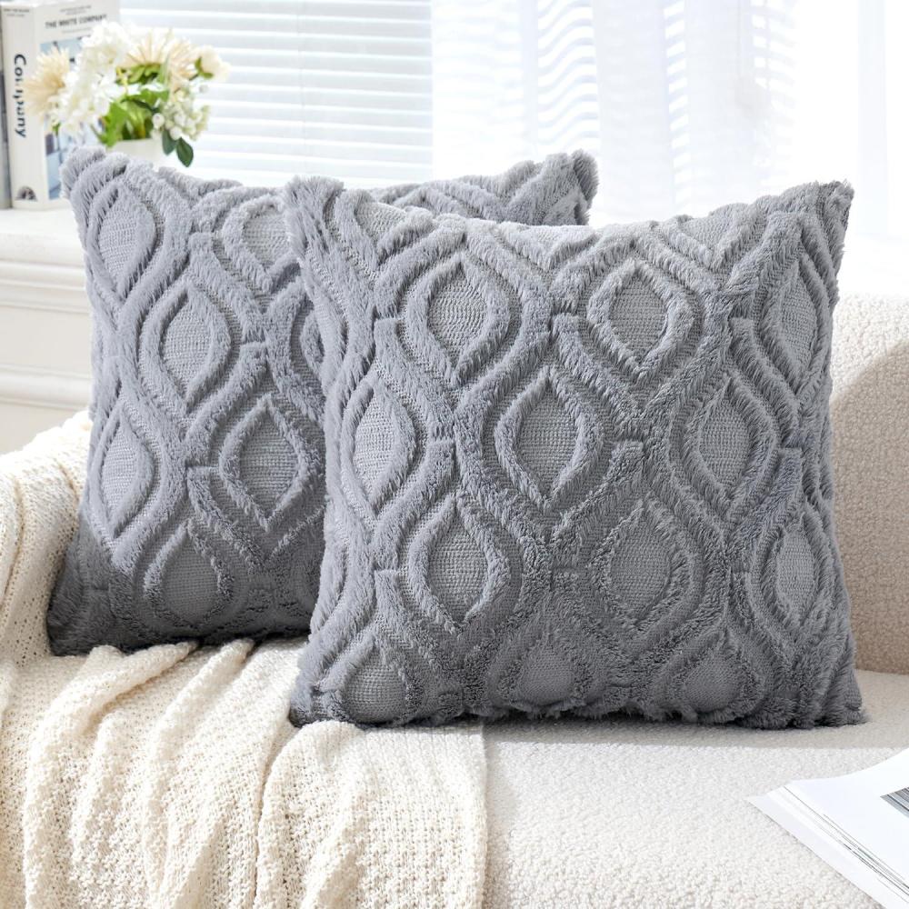 imageMIULEE Navy Blue Throw Pillow Covers 20x20 Inch Soft Winter Plush Faux Wool Couch Pillow Covers Set of 2 Decorative Farmhouse Boho Throw Pillows for Sofa Living Room BedGrey Blue