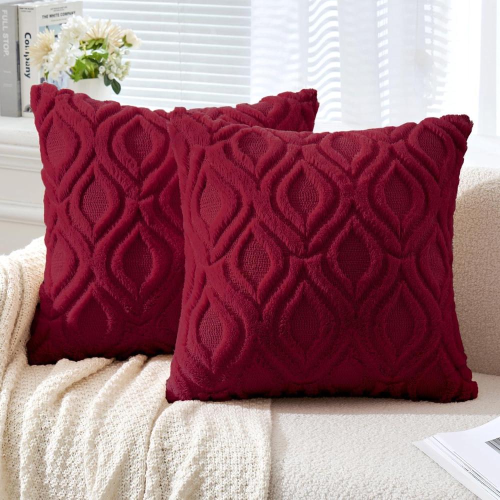 imageMIULEE Navy Blue Throw Pillow Covers 20x20 Inch Soft Winter Plush Faux Wool Couch Pillow Covers Set of 2 Decorative Farmhouse Boho Throw Pillows for Sofa Living Room BedWine Red