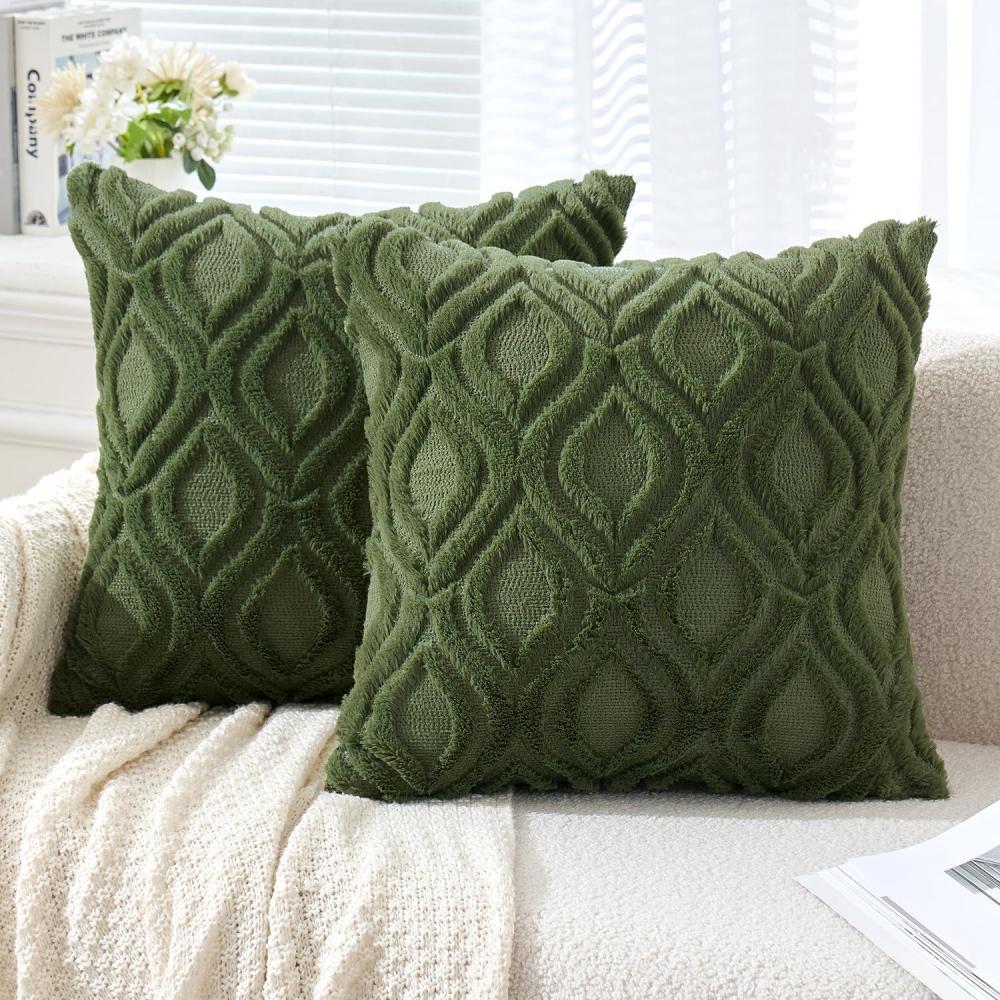 imageMIULEE Navy Blue Throw Pillow Covers 20x20 Inch Soft Winter Plush Faux Wool Couch Pillow Covers Set of 2 Decorative Farmhouse Boho Throw Pillows for Sofa Living Room BedMoss Green