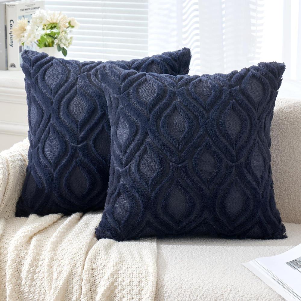 imageMIULEE Navy Blue Throw Pillow Covers 20x20 Inch Soft Winter Plush Faux Wool Couch Pillow Covers Set of 2 Decorative Farmhouse Boho Throw Pillows for Sofa Living Room BedNavy Blue
