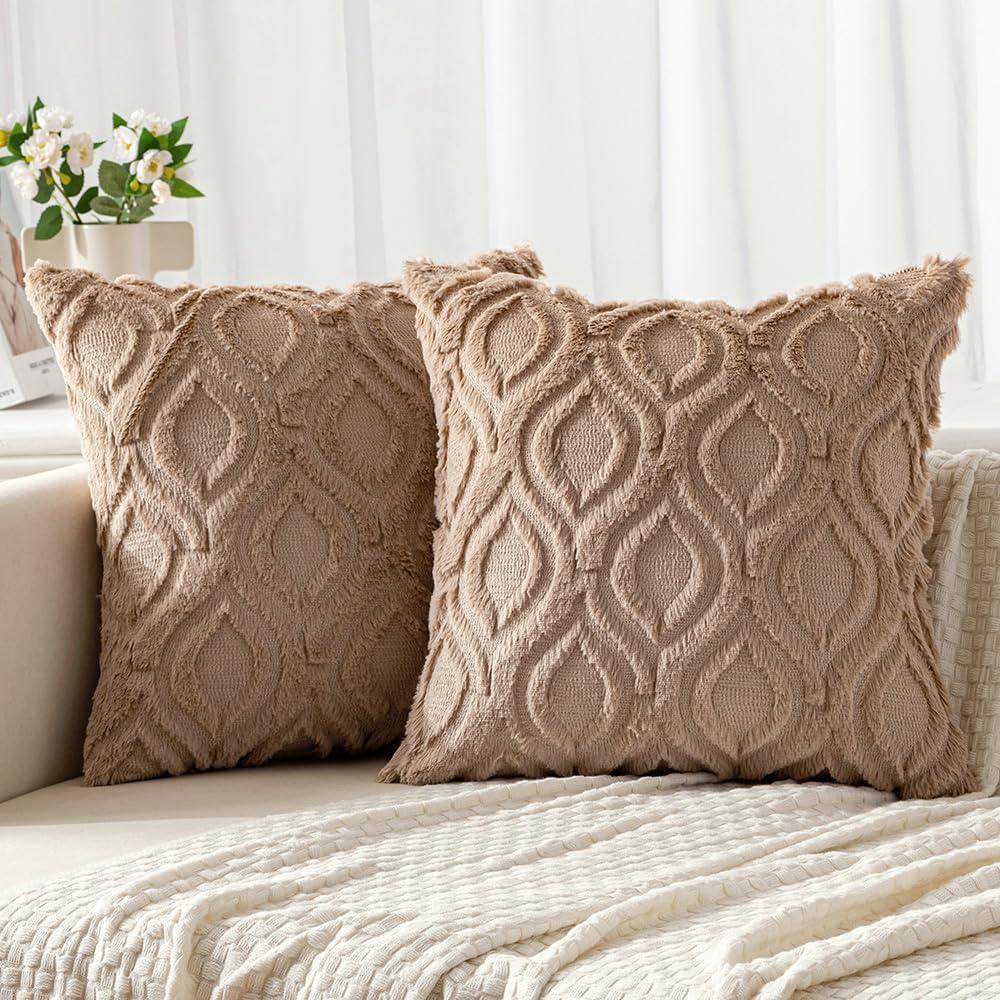 imageMIULEE Navy Blue Throw Pillow Covers 20x20 Inch Soft Winter Plush Faux Wool Couch Pillow Covers Set of 2 Decorative Farmhouse Boho Throw Pillows for Sofa Living Room BedLight Brown