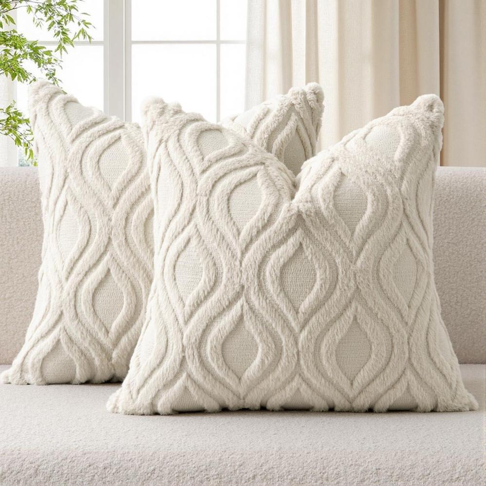 imageMIULEE Navy Blue Throw Pillow Covers 20x20 Inch Soft Winter Plush Faux Wool Couch Pillow Covers Set of 2 Decorative Farmhouse Boho Throw Pillows for Sofa Living Room BedBeige
