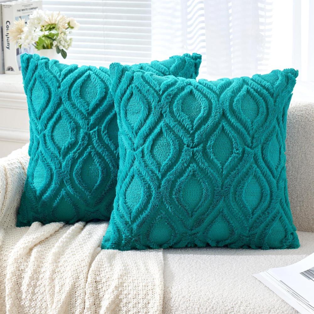 imageMIULEE Navy Blue Throw Pillow Covers 20x20 Inch Soft Winter Plush Faux Wool Couch Pillow Covers Set of 2 Decorative Farmhouse Boho Throw Pillows for Sofa Living Room BedTeal
